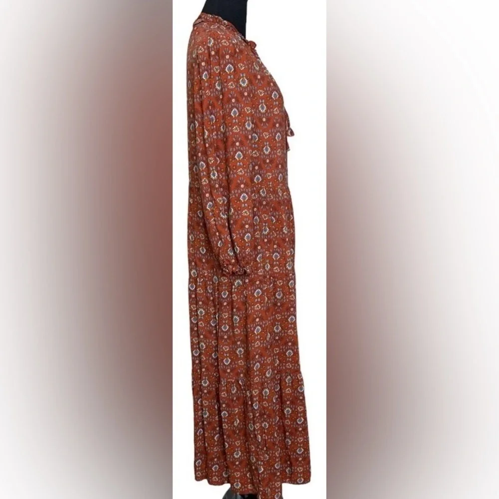 MAX STUDIO 100% Rayon Rust Floral Long Sleeved Tiered Dress Size M